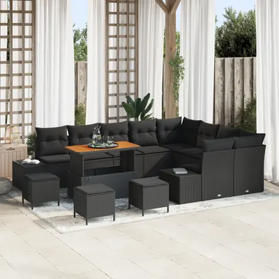 Gossi set canapea gradina cu perne negru poly rattan acacia 13 piese, Gossi set dining gradina cu perne negru poly rattan acacia 4 piese, Gossi canapea gradina pentru doua persoane cu perne negru poly rattan