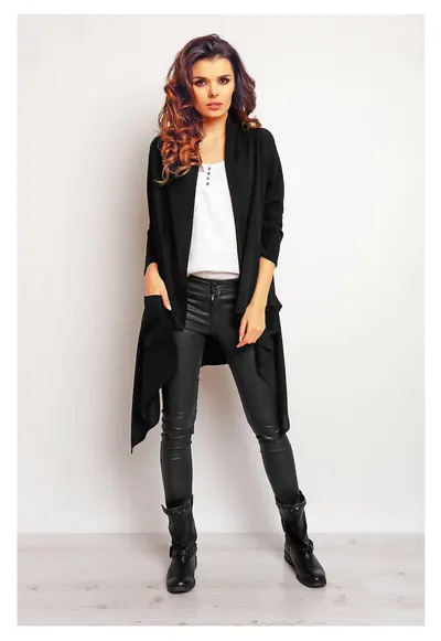 Bolero Lung - Negru - Croiala Asimetrica - Alungeste Silueta - Efect Vizual Deosebit - Stil Rafinat - Confort Zilnic - Purtare Usoara - Chic - Negru