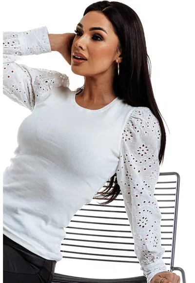 Bluza cu maneci cu broderie anglaise - Alb