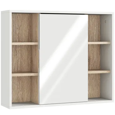 HOMCOM Dulap cu Oglinda din MDF si PAL, Dulap de Baie cu 3 Rafturi Laterale si Raft Interior Reglabil, 60x14.5x49.4 cm, Alb si Lemn Natur | Aosom RO