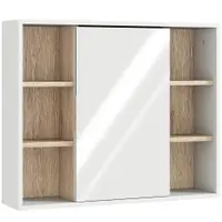 HOMCOM Dulap cu Oglinda din MDF si PAL, Dulap de Baie cu 3 Rafturi Laterale si Raft Interior Reglabil, 60x14.5x49.4 cm, Alb si Lemn Natur | Aosom RO