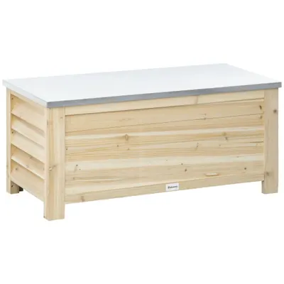 Outsunny Ladă de Depozitare Exterior din Lemn cu Capac Metalic Galvanizat și Design cu Șipci 110x50x50 cm Lemn Natural | Aosom Romania