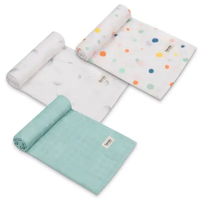 Set 3 museline, Lionelo, Dot, Multifunctionale, Din bambus, Ideale pentru infasat, Cu proprietati antibacteriene, antifungice si antialergice, Lavabile la masina de spalat, 70x70 cm, Multicolor