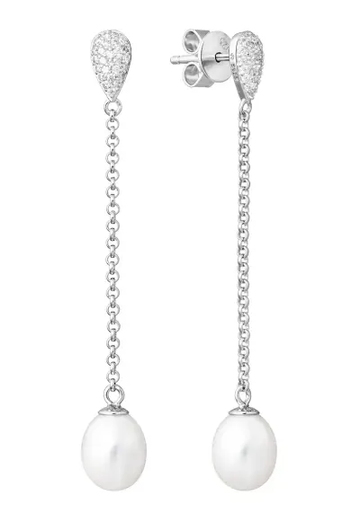Cercei argint lungi cu perle naturale si zirconia - Caprice