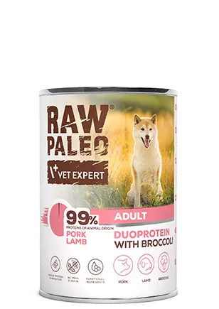 Hrană umedă pentru câini, adult, Raw Paleo Duo Protein, Porc cu Miel și Broccoli , 400g
