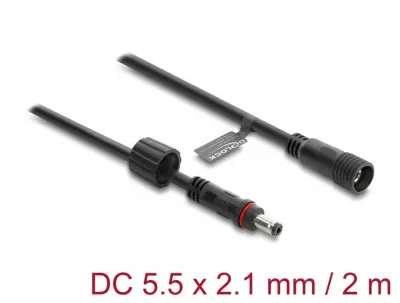 Cablu prelungitor alimentare 5.5 x 2.1mm T-M waterproof 2m Negru, Delock 67384