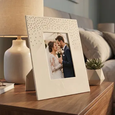 Ramă Foto Elegantă 18x23 cm – Catifea, Alb Ivory cu Cristale