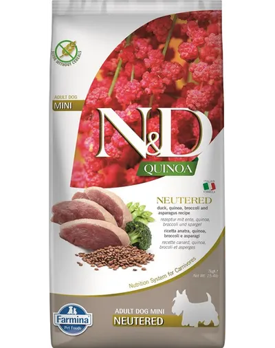 FARMINA N&D Quinoa Hrana pentru caini sterilizati sau castrati de talie mica, cu rata, broccoli si sparanghel 7 kg