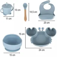Set complet de hranire copii, Ikonka, cu 9 piese din silicon, pentru diversificare hrana, bleumarin Crab