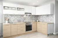 Set bucatarie colt GERMANIA 300 x 140 cm, 11 corpuri, corp cuptor, blat gros, soft-close, sonoma + alb
