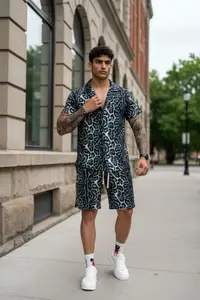 Compleu de vara camasa cu imprimeu + pantaloni animal print gri P7 126-1