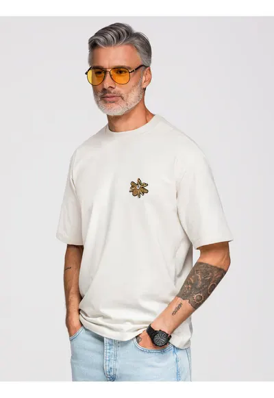 Tricou barbati loose fit cu aplicatie decorativa - decolteu rotund - material jersey OM-TSCT-0275 - Alb murdar