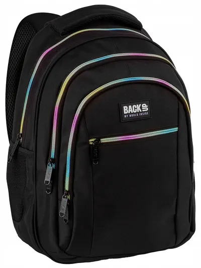 Ghiozdan școlar BackUp 8 O - Black, cu 3 compartimente , fermoare colorate