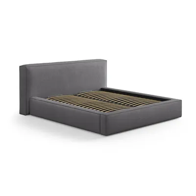 Pat matrimonial gri închis tapițat cu spațiu de depozitare cu somieră 140x200 cm Simon Olivia – Micadoni