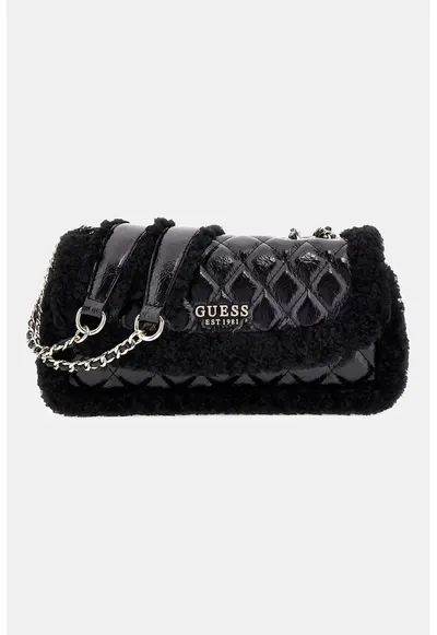 Geanta crossbody matlasata cu garnituri din blana sintetica - Negru