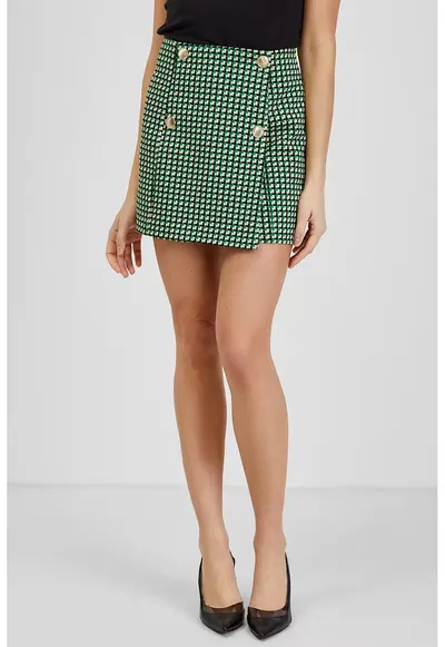 Fusta-pantalon mini cu model houndstooth - Verde