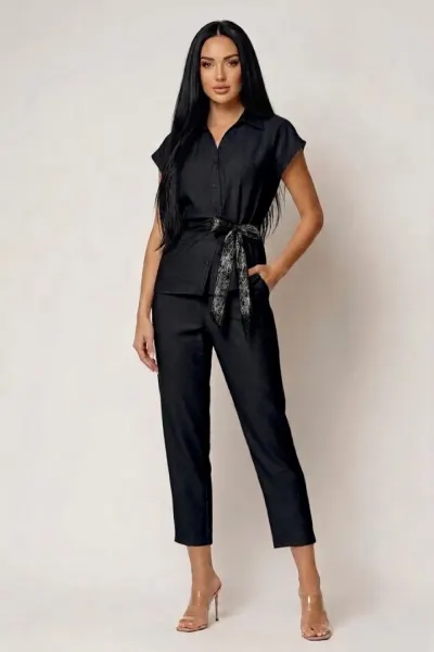Compleu dama din vascoza format din bluza cu design deosebit si pantaloni vaporosi
