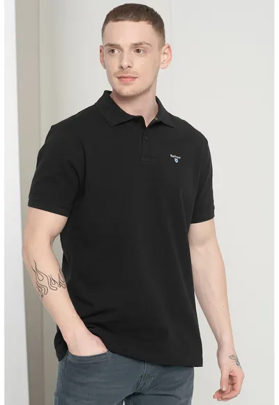 Tricou polo din material pique cu logo brodat - Negru