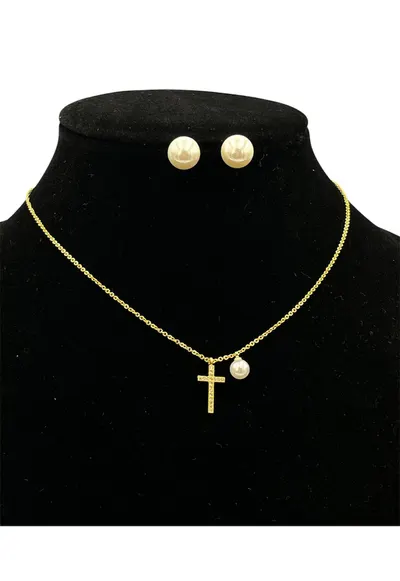Set cercei si colier imitatie de perle - placat cu aur galben 14K - pandantiv cruciulita - lungime clasica