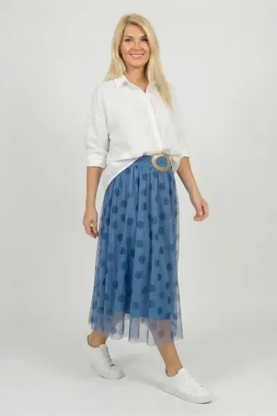 Fusta clos din tulle, bleu cu buline albastru inchis