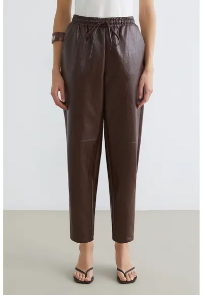 Pantaloni din piele ecologica cu talie ajustabila - Maro pamantiu
