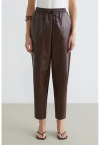 Pantaloni din piele ecologica cu talie ajustabila - Maro pamantiu