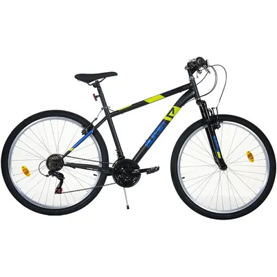 Bicicleta Dino Bikes 27.5 inch MTB Ring gri, pentru copii cu varsta de peste 12 ani si o inaltime de peste 160 cm, frana de mana pe roata fataspate, transmisie Shimano cu 18 viteze, suspensii la roata din fata