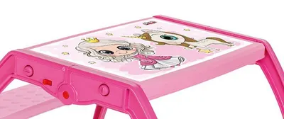Masuta copii din plastic aditivat cu doua bancute Novokids Study Table dimensiuni 95X78X49 cm, Suprafata lucioasa, Model Printesa cu Unicorn Roz