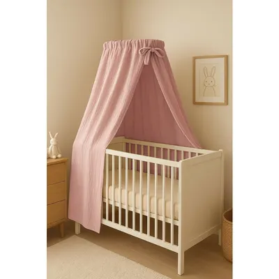 Baldachin pentru patutleagan Qmini Powder Pink din muselina dubla, 145x200 cm