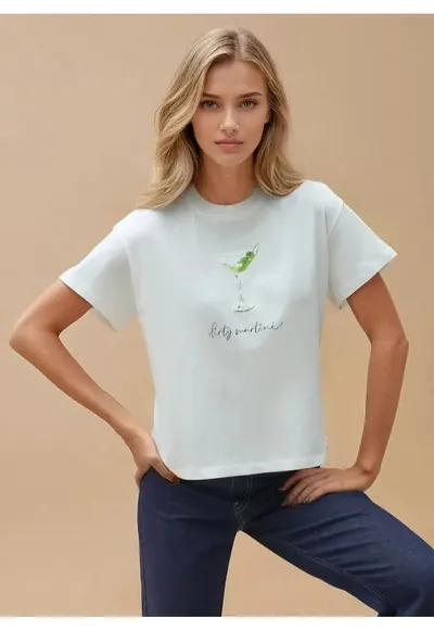 Tricou dama imprimeu - croiala regulata - alb - bumbac