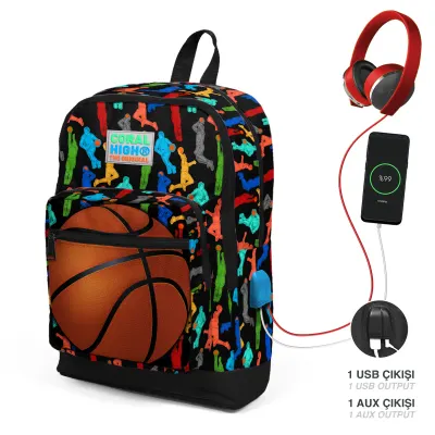 Ghiozdan cu 4 compartimente, Coral High, cu USB, model baschet