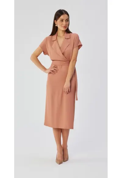 Rochie dama - midi cu guler - Poliester - 51658 - Roz