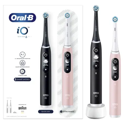 Set 2 x Periuta de dinti electrica Oral-B iO6, cu Tehnologie Magnetica si Micro-Vibratii, Inteligenta artificiala, Display led interactiv, Senzor de