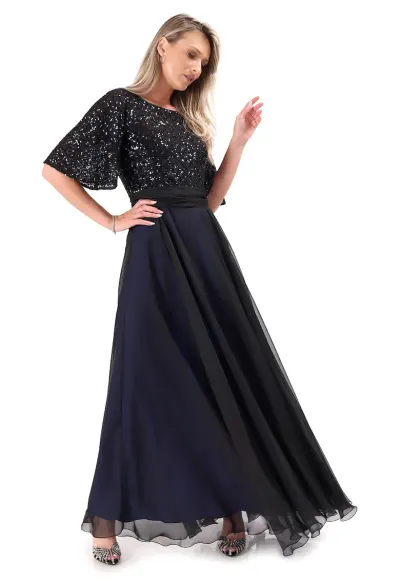 Rochie lunga de ocazie din voal cu bust si maneci din paiete R4P-55B - Bleumarin