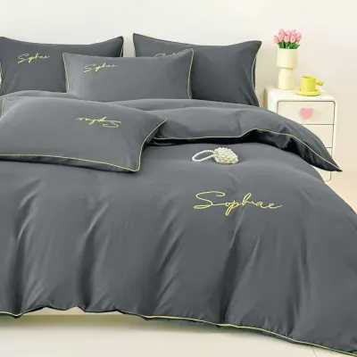 Lenjerie pat dublu, Finet Soft Touch cu Broderie, 6 piese, Gri