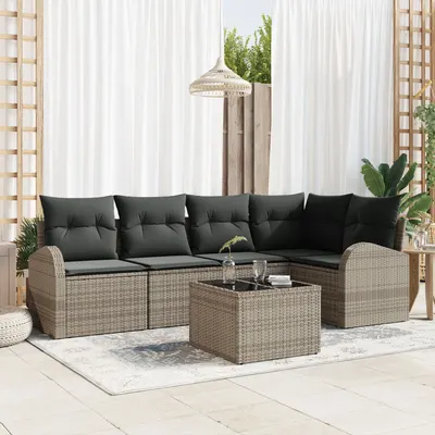 Set de canapea de gradina cu 5 piese cu perne ratan polimer negru, canapea de gradina cu 2 locuri cu spatiu de depozitare si perne ratan polimer gri