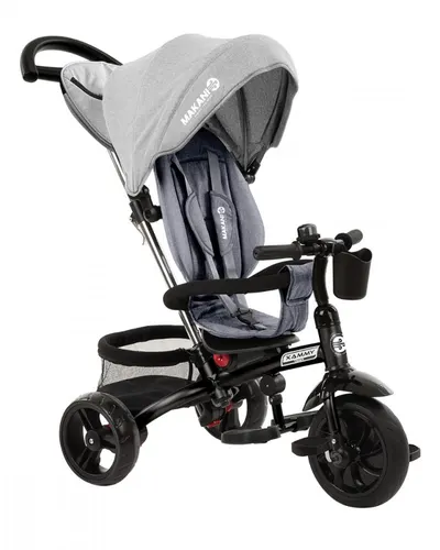 Tricicleta pentru copii Makani Xammy Light Grey multifunctionala, cu spatar reglabil, maner cu control al directiei, roti din cauciuc Eva, suport pentru pahar si gentuta accesorii