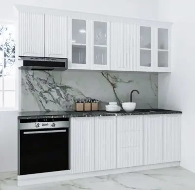 Set bucatarie SPACE 220 cm, 8 corpuri, corp cuptor, cu sertare, blat termorezistent, fronturi MDF, alb rustic