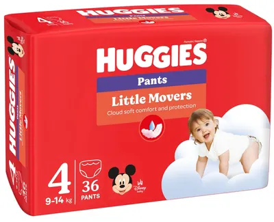 Scutece chilotei Huggies Little Movers - Mărimea 4, 9-14 kg, 36 buc.