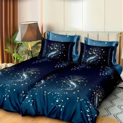Lenjerie de Pat, 7 Piese, Bumbac Satinat Superior, cu 2 Pilote, Albastru, note muzicale si stelute