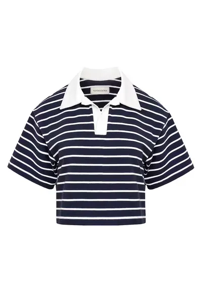 Tricou crop cu guler polo Goia - Alb/Bleumarin