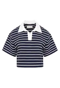 Tricou crop cu guler polo Goia - Alb/Bleumarin