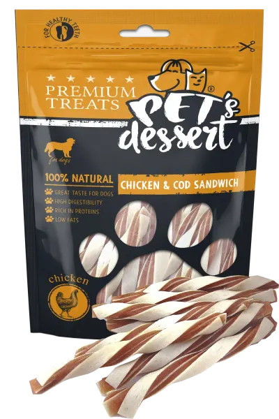Recompense pentru caini Pet s Dessert Chicken Cod Sandwich 80 gr