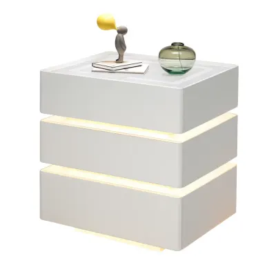Noptieră modernă cu încărcare wireless 15W, iluminare LED în 3 culori și 3 sertare de depozitare – WHITE