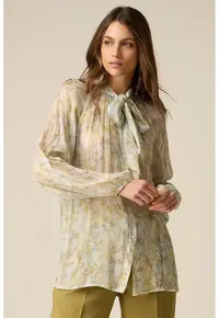 Bluza cu model floral si decolteu cu funda din panglici - Galben pal/Verde pal