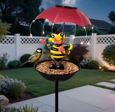 Lampa solara decorativa cu hranitoare pentru pasari, Model Albinuta