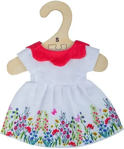 Hainuta pentru papusa Bigjigs - Rochie alba inflorata cu guler rosu, 25 cm