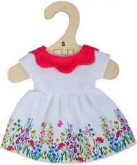 Hainuta pentru papusa Bigjigs - Rochie alba inflorata cu guler rosu, 25 cm