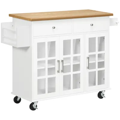 HOMCOM Cărucior de bucătărie cu roți Insulă de bucătărie cu 2 sertare 3 uși din sticlă securizată suport prosop 124,5x39,5x90 cm Alb | Aosom Romania