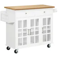 HOMCOM Cărucior de bucătărie cu roți Insulă de bucătărie cu 2 sertare 3 uși din sticlă securizată suport prosop 124,5x39,5x90 cm Alb | Aosom Romania